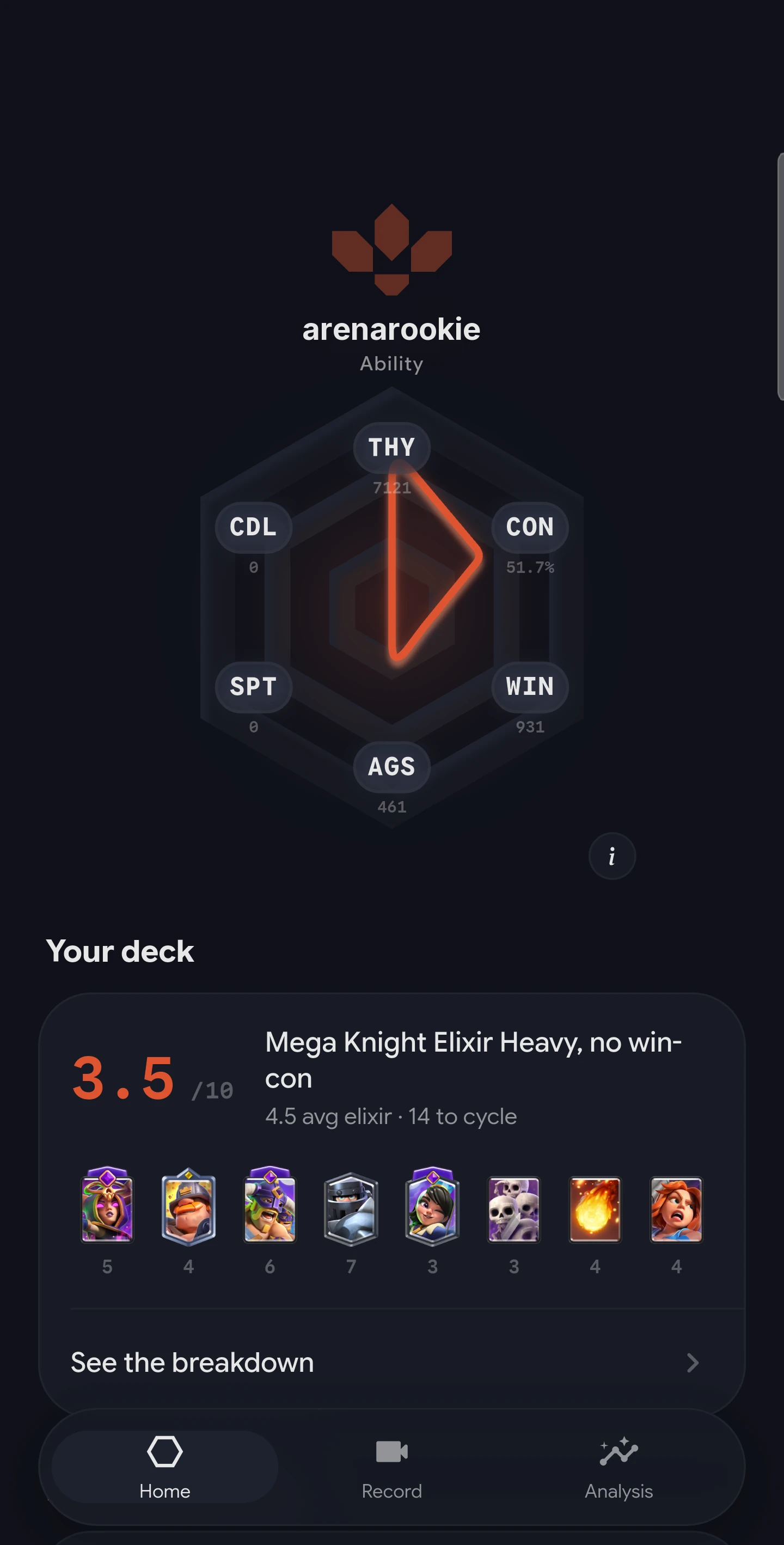Mercina home screen with the ability hexagon and a deck rated 3.5 out of 10