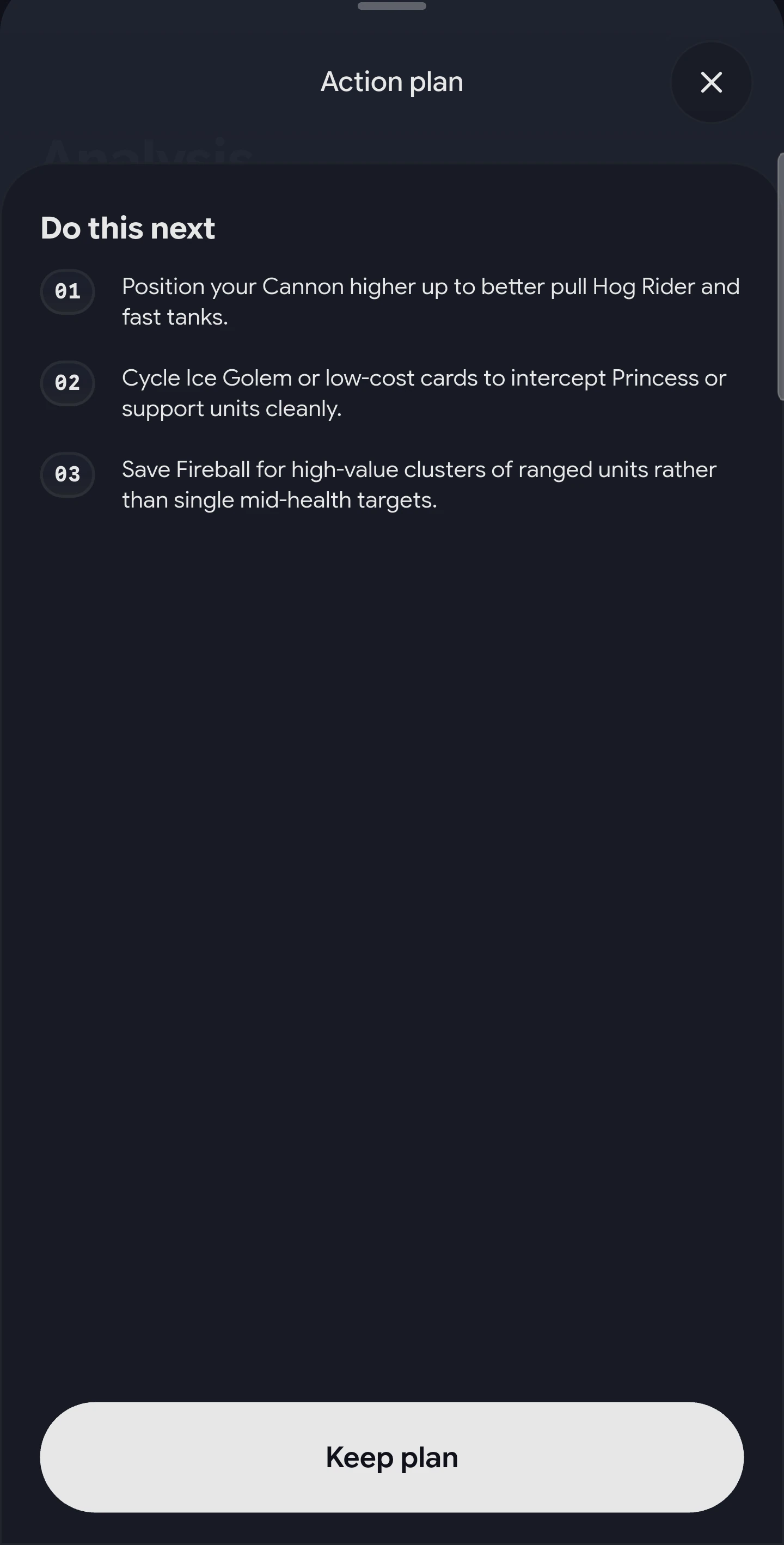 Mercina action plan screen, Do this next, with three numbered steps for the next match