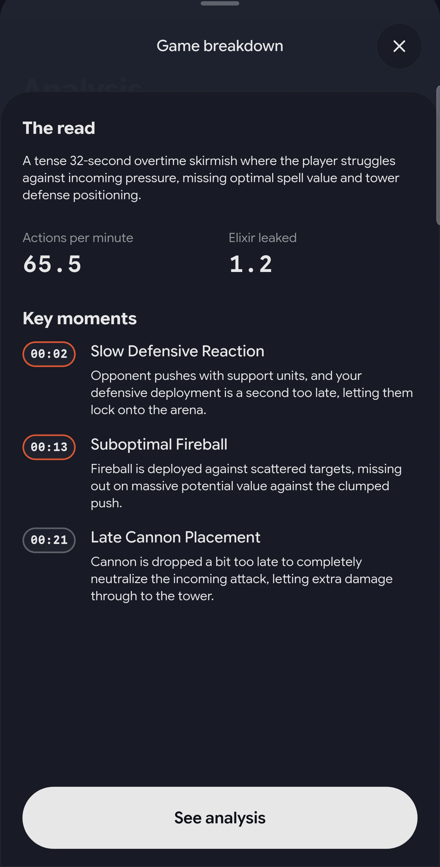 Mercina game breakdown with the match read, actions per minute, elixir leaked and three timestamped key moments